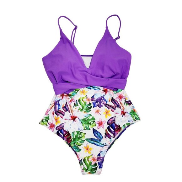 Womens Purple Floral One-Piece Swimsuit Binlowis Size XL Adjustable Straps - Picture 1 of 10